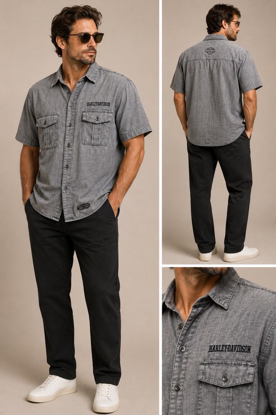 Harley-Davidson Gray Logo Button Front Shirt Men’s Large Short Sleeve Casual